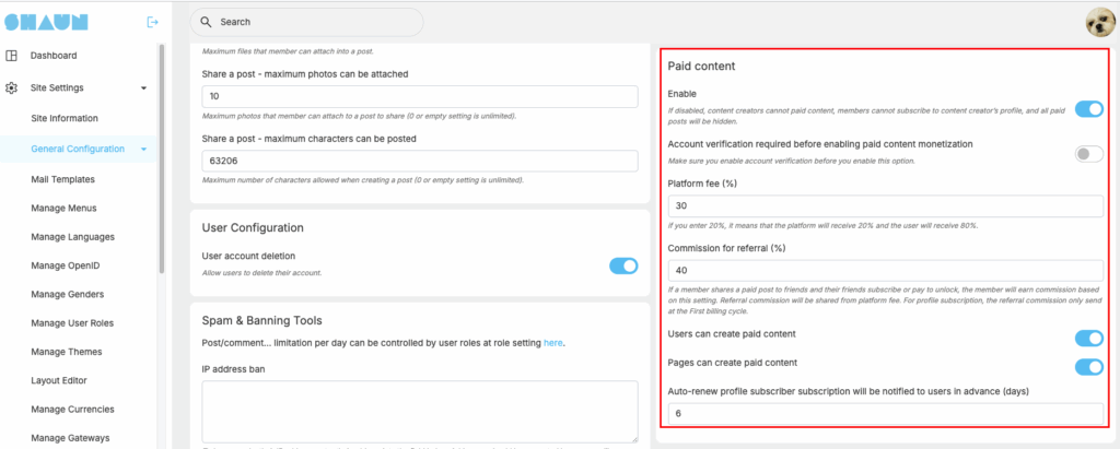 settings for paid content module