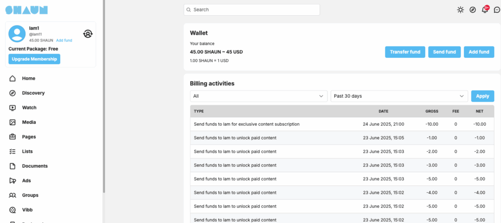 transaction history for paid content and all of paid activities